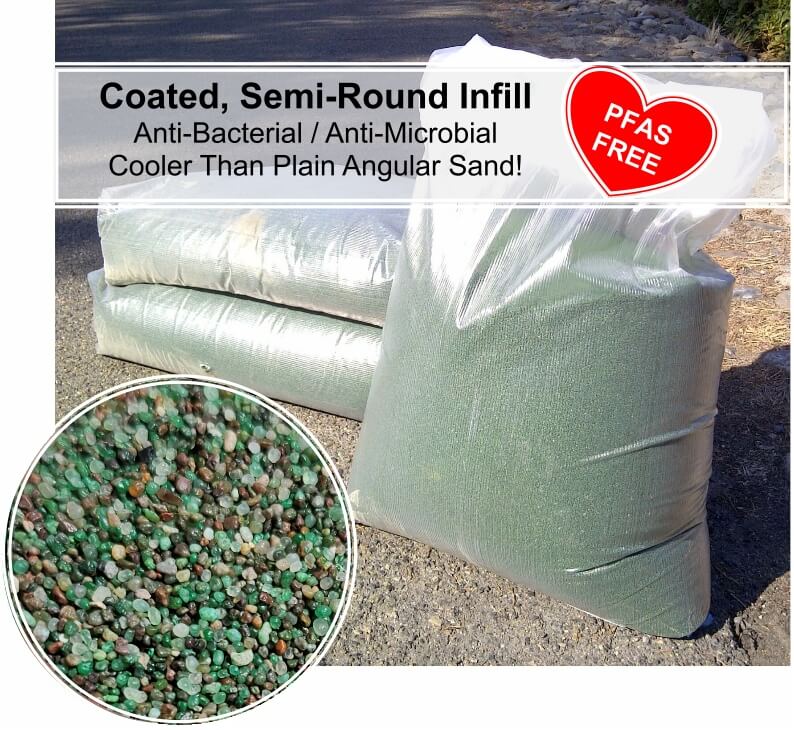 a bag of pfas free artificial grass infill and close up of granules